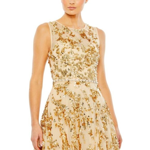 NWT Mac Duggal 10953 Jewel Neckline Embellished Maxi Dress Nude Gold Size 6 - Picture 2 of 9